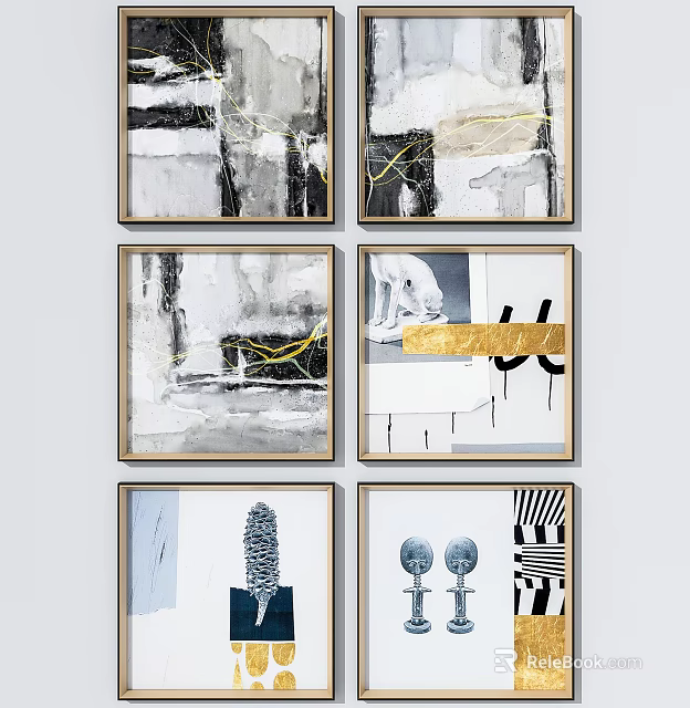Modern Abstract Wall Art With Golden Frames And Black White Gray Design 3d model 