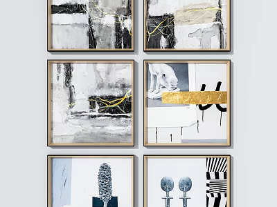 Modern Abstract Wall Art With Golden Frames And Black White Gray Design 3d model