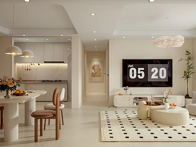 Modern Living and Dining Room Interior With Dining Table Chairs TV Sofa And Pendant Lights 3d model