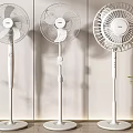 Three Modern White Standing Air Cooler Fans In Indoor Minimalist Decor With Green Plants