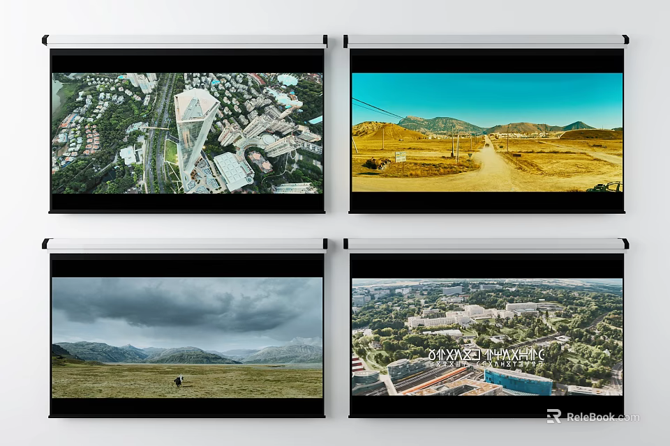 Four Televisions Showing Different Scenic Views Including City Desert And Grassland 3d model 