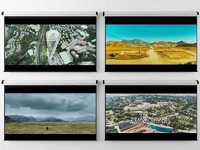 Four Televisions Showing Different Scenic Views Including City Desert And Grassland 3d model