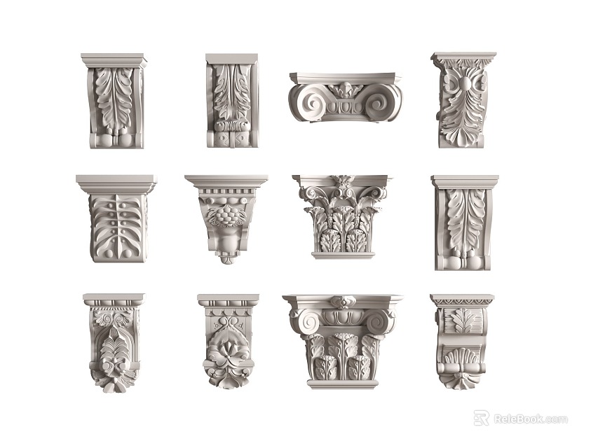 Various Classical Column Capitals With Ornate Carved Leaf And Volute Designs 3d model 