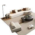 L Shaped Beige Sofa Coffee Table Set With Dark Table Green Plant Armchair And Rug