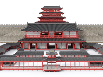 Ancient Chinese Architecture Featuring Multi Story Pavilion Red Decorations Black Tiles City Walls and Courtyard 3d model