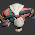 Elderly Man with Red Skin White Beard Suspenders Carrying Large Axes on Shoulders and Toolbox
