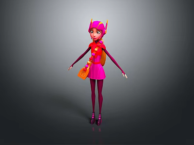 Cartoon Game Movie Character In Pink Dress Purple Leggings With Red Scarf And Orange Bag 3d model