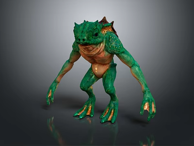 Green Reptilian Monster Creature In Standing Pose With Clawed Hands And Back Fin 3d model