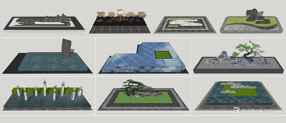 Artistic Garden Ornaments Design With Rock Features Mini Pine Trees And Water Elements 3d model 