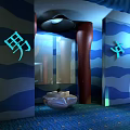 Stylish Bar Interior Design With Blue Wavy Ceiling Decorative Columns Round Tables And Cozy Chairs