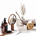 Natural Bathroom Accessories Set With Bottles Mirror Towels Sponge And Wooden Tray