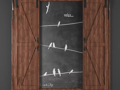 Rustic Barn Door Featuring Chalkboard Surface With Birds On Wire And Relax Good Day Text 3d model