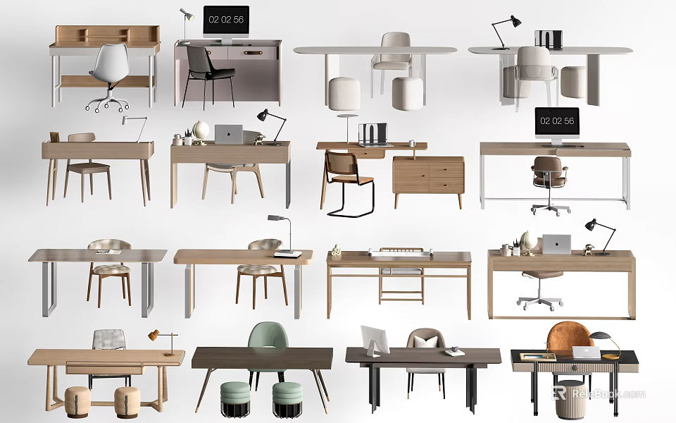 Multiple Modern Desk And Chair Sets With Wooden Design For Home Office And Study Room 3d model 