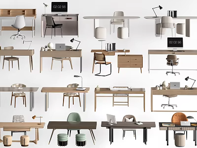 Multiple Modern Desk And Chair Sets With Wooden Design For Home Office And Study Room 3d model
