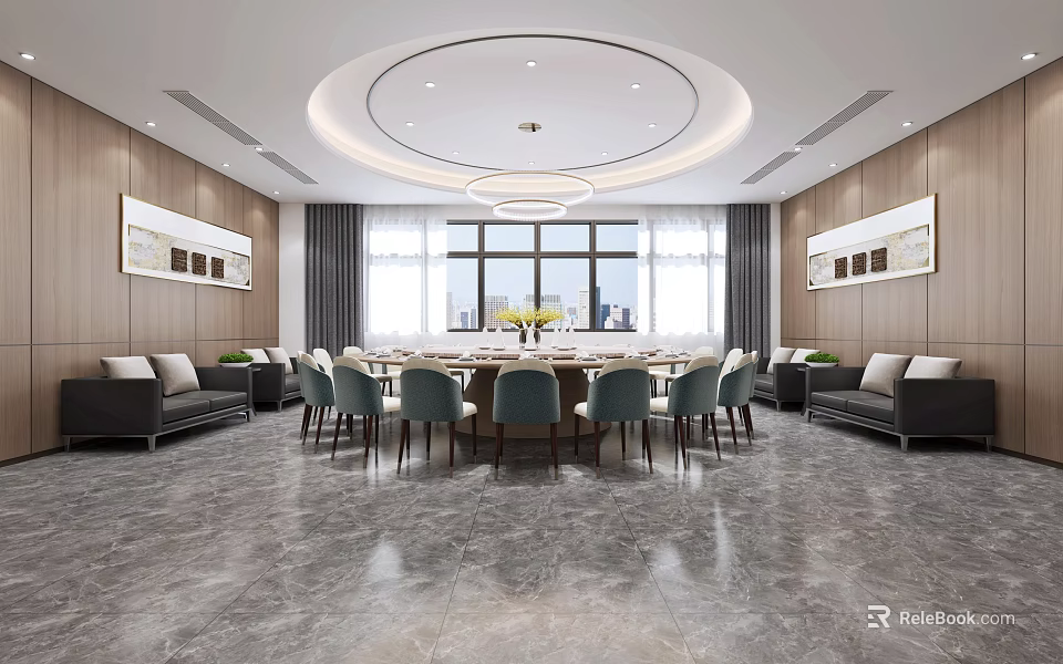 Elegant Modern Private Dining Room With Round Table Chairs Sofas Large Windows And Chandeliers 3d model