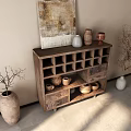 Wooden Entryway Cabinet Sideboard with Compartments Drawers Decorative Painting Ceramic Jars Bowls Vases Dried Branches