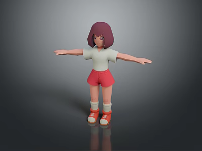 3D Model Woman With Purple Hair White T-shirt Red Shorts Red Shoes Arms Outstretched 3d model