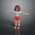 3D Model Woman With Purple Hair White T-shirt Red Shorts Red Shoes Arms Outstretched