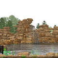 Waterfront Landscape With Rock Formation Waterfall Pond Trees And Wooden Bench