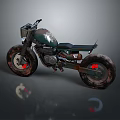 Vintage Dark Green Motorcycle With Large Wheels Red Rims And Black Seat