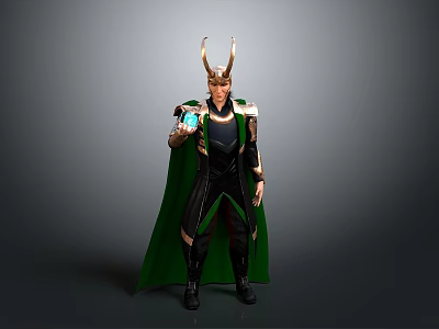 Male Fantasy Character With Golden Horns Green Cape And Glowing Blue Orb 3d model
