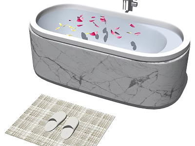 Marble Bathtub With Colorful Flower Petals And White Slippers On Woven Mat 3d model
