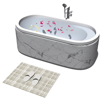 Marble Bathtub With Colorful Flower Petals And White Slippers On Woven Mat 3d model