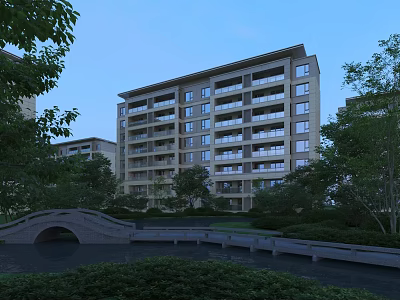 Modern Mid Rise Residential Building With Balconies Greenery Bridge And Water View 3d model