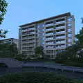 Modern Mid Rise Residential Building With Balconies Greenery Bridge And Water View