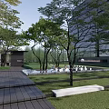 Modern Park Landscape With Green Trees White Walls And Paved Seating Area