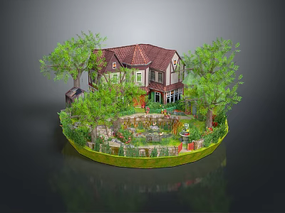 Two Story House With Red Roof Surrounded By Green Trees Garden And Small Pond 3d model