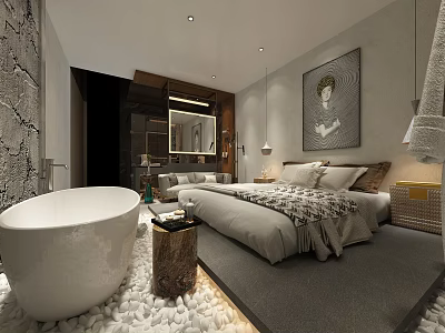 Modern Hotel Room Interior With Freestanding Bathtub Stone Wall Artwork And King Bed 3d model