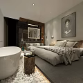 Modern Hotel Room Interior With Freestanding Bathtub Stone Wall Artwork And King Bed