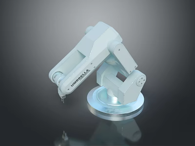 Game and Movie Character White Robotic Arm With Transparent Circular Base And URBOTICZ Label 3d model