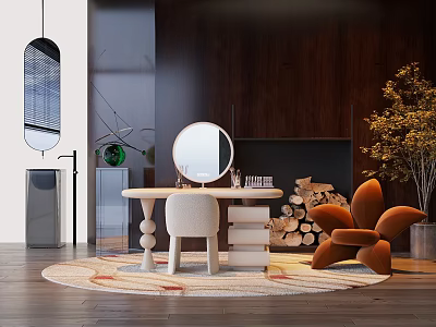 Stylish Brown Leisure Chair in Modern Living Room with Dark Wooden Wall and Round Mirror Rug 3d model