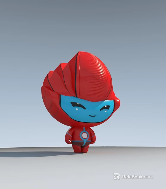 Red Doll With Blue Face Armor Like Head And Smiling Expression Circular Chest 3d model