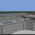 Modern Residential Building with Solar Panels and Wind Turbines on Roof and Glass Curtain Walls
