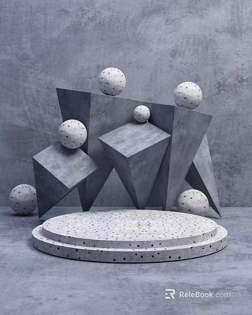 Contemporary Display Shelf With Geometric Shapes And Perforated Spheres On Gray Background 3d model 