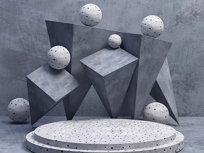 Contemporary Display Shelf With Geometric Shapes And Perforated Spheres On Gray Background 3d model