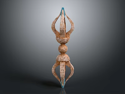 Ancient Textured Sculpture With Twin Prongs Brown Body And Blue Accents 3d model