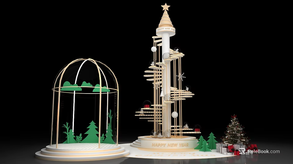 Wooden Tower With Star Spiral Structure Birdcage Green Tree Silhouettes Small Christmas Tree Gift Boxes 3d model 