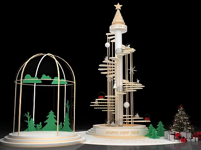 Wooden Tower With Star Spiral Structure Birdcage Green Tree Silhouettes Small Christmas Tree Gift Boxes 3d model