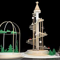 Wooden Tower With Star Spiral Structure Birdcage Green Tree Silhouettes Small Christmas Tree Gift Boxes