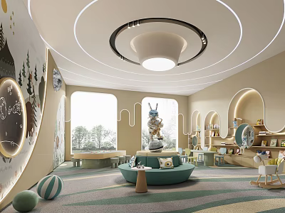 Modern Kids Playroom Interior With Cartoon Decor Large Windows And Circular Lights 3d model