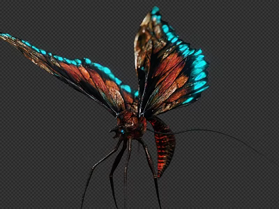 Colorful Butterfly With Blue Red Brown Iridescent Wings And Long Legs On Dark Background 3d model