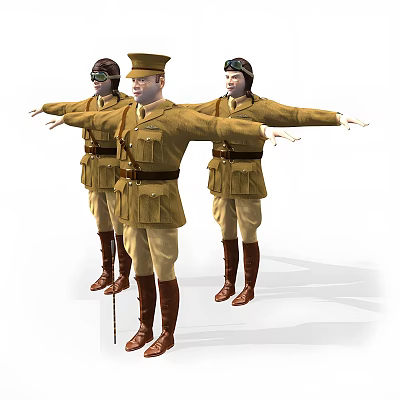 Three Men in Khaki Military Uniforms Wearing Goggles Standing with Arms Outstretched 3d model