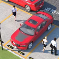 Red Car Parked In Parking Lot With People Walking Nearby Area