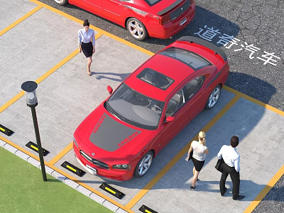 Red Car Parked In Parking Lot With People Walking Nearby Area 3d model