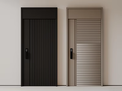 Modern Black and Gray Security Doors with Vertical Stripe Design and Door Handles Locks 3d model