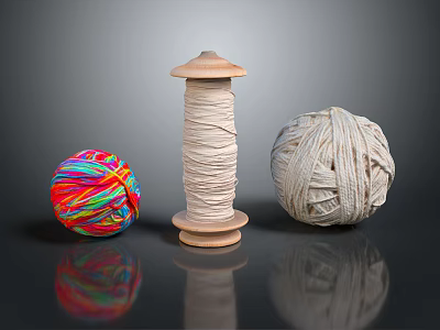 Colorful And White Yarn Balls With Wooden Spool On Black Surface 3d model
